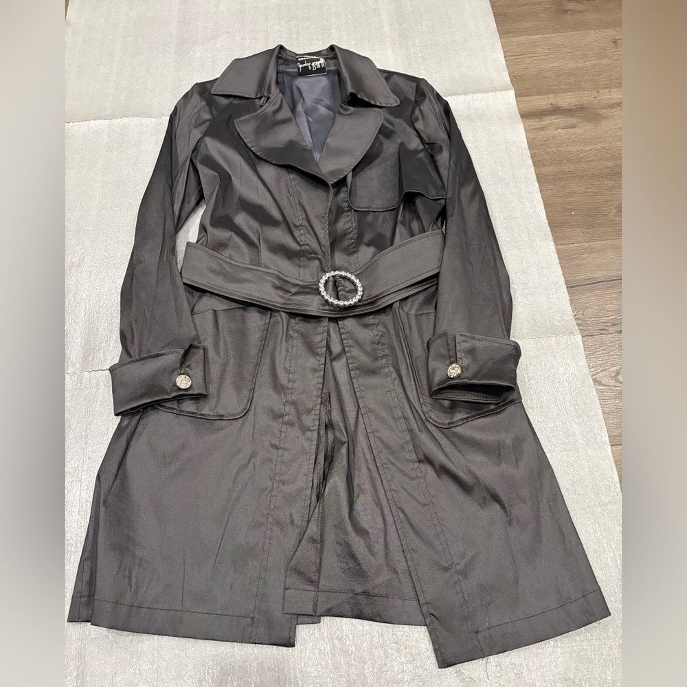 [US10]Joseph Ribkoff Satin Coated Charcoal Trench Coat with Belt